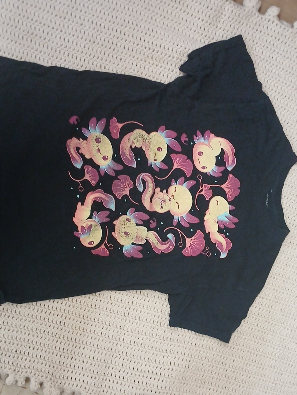 Hot Topic Black Kids Tee with Pastel Pink, Yellow & Blue Mermaid Creatures